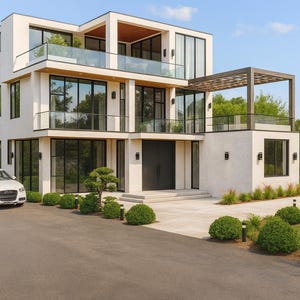 Puede incluir: Casa blanca moderna de varios pisos con grandes ventanales, balcones de cristal y azotea plana. Un coche blanco está aparcado en el camino de entrada. El paisajismo incluye arbustos y árboles verdes. La casa tiene un diseño contemporáneo.