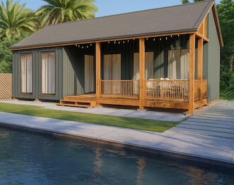 Tiny House Plans 1 Bedroom 34x22, Modern Cabin Floor Plan PDF , Small House Plans with Materials List, Backyard ADU Design