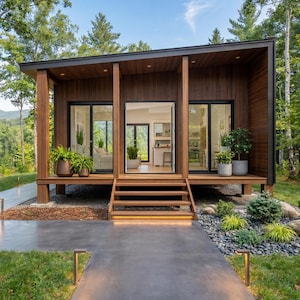 Può includere: Vista esterna di una moderna cabina in legno con tetto scuro, porte in vetro e un vialetto in cemento. La cabina ha un portico con piante in vaso ed è circondata da alberi e vegetazione. Il vialetto è fiancheggiato da piccole luci.