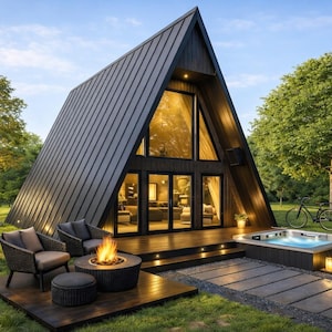 May include: A-frame cabin with a dark exterior, large windows, and a wooden deck. The outdoor space includes a hot tub, fire pit, grill, and seating area. A bicycle rests nearby, set in a grassy yard.