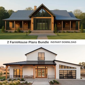 May include: Two farmhouse plans bundle. The top image shows a wooden house with a grey roof and large windows. The bottom image shows a white house with a black roof and a glass garage door. Text reads: 2 FarmHouse Plans Bundle INSTANT DOWNLOAD.