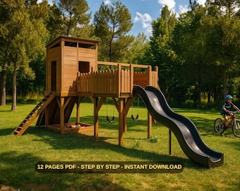 Premium Wooden Kids Playhouse Plans with Slide and Swing | Backyard Playset Construction Plans PDF