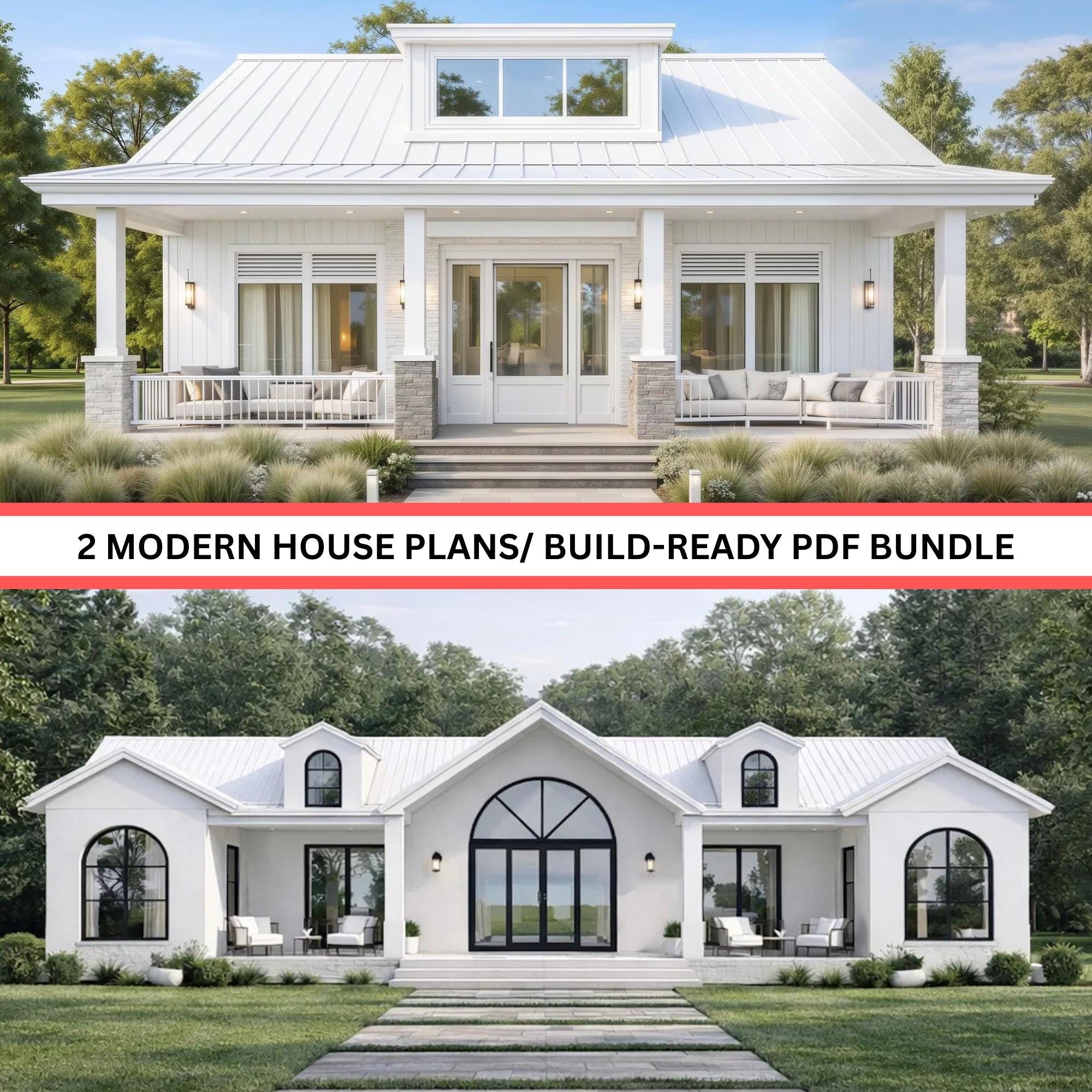 2 White Modern Farmhouse House Plans Bundle | 3 Bedroom Single Story ...
