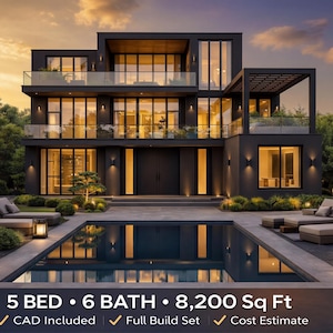Op de afbeelding: Een modern huis van drie verdiepingen met een donkergrijze buitenkant, grote glazen ramen en balkons. Een rechthoekig zwembad ligt aan de voorzijde met ligstoelen op het terras. Tekst: 5 BED • 6 BATH • 8,200 Sq Ft, CAD Included, Full Build Set, Cost Estimate.