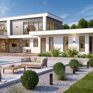 Può includere: Casa moderna a due piani con piscina e area salotto all'aperto. La casa presenta ampie finestre, un esterno bianco e un prato curato. L'arredamento esterno comprende un divano, sedie e un tavolino, creando un'atmosfera rilassante.