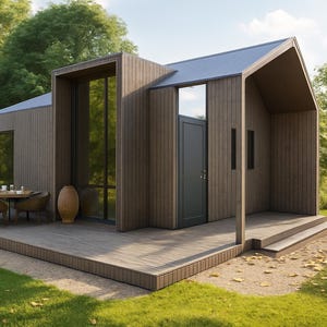 Peut inclure: Une cabane en bois moderne, de couleur marron, avec un toit gris foncé et de grandes fenêtres en verre. La cabane dispose d'une terrasse avec une table et des chaises, entourée d'herbe verte et d'arbres. Un grand vase décoratif est près de l'entrée.