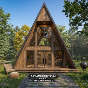 Puede incluir: Plano de cabaña con estructura en A con exterior de madera y grandes ventanales de cristal. La cabaña está rodeada de árboles y tiene un patio con una silla y un otomán. El texto de la imagen dice "A-FRAME CABIN PLAN 1034 SQ FT INSTANT DOWNLOAD."