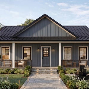 May include: A charming, single-story house with a dark gray roof and matching siding. The home features a front porch with white columns and a black railing. Landscaping includes a stone walkway, manicured bushes, and vibrant flowers.