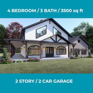 May include: A two-story house with a white brick exterior, black trim, and a covered porch. The house has a two-car garage and is surrounded by a green lawn. The text on the image reads: 4 BEDROOM / 3 BATH / 3500 sq ft and 2 STORY / 2 CAR GARAGE.