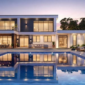 Può includere: Una moderna casa a due piani con una piscina rettangolare in primo piano. La casa presenta ampie finestre, un tetto piano e una palette di colori neutri con accenti grigio scuro. Sono visibili posti a sedere all'aperto e paesaggistica.