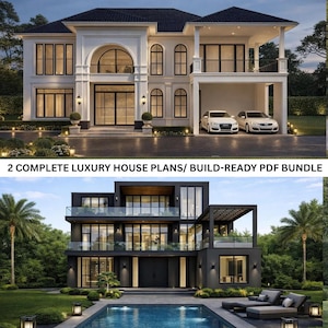 Puede incluir: Se muestran dos planos de casas de lujo. La imagen superior muestra una mansión blanca con techo negro, ventanas arqueadas y un garaje con dos coches blancos. La imagen inferior muestra una casa negra moderna con piscina y asientos al aire libre.