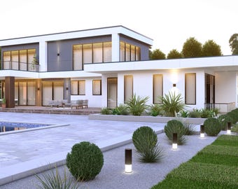 Modern Luxury Villa House Plan - 4 Bedroom + Multipurpose Room | 2 Story | PDF Architectural Drawings + Interior & Exterior Renderings