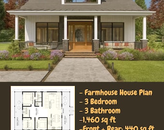 Modern Farmhouse House Plans 3 Bedroom 3 Bath Single Story | 1460 sqft PDF | Front Rear Porch | Material List | Instant Download