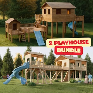 Może przedstawiać: Zestaw dwóch drewnianych domków do zabawy, każdy z podwyższoną platformą, zjeżdżalnią i drabiną. Domki wykonane są z jasnobrązowego drewna i mają niebieskie zjeżdżalnie. Tekst "2 PLAYHOUSE BUNDLE" wyświetlany jest na czerwono-żółtym banerze.
