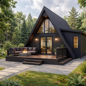 May include: A-frame cabin with a dark exterior, set in a verdant forest. The cabin has a deck with seating, a stone fire pit, and a pathway leading to the entrance. The design is modern, with large windows and a welcoming atmosphere.
