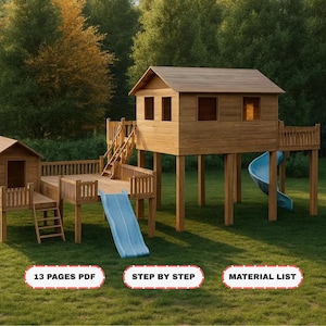 May include: A wooden playset with two elevated structures, connected by a deck and a blue slide. The structures have windows and pitched roofs. The words "13 PAGES PDF", "STEP BY STEP", and "MATERIAL LIST" are displayed.