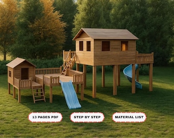 May include: A wooden playset with two elevated structures, connected by a deck and a blue slide. The structures have windows and pitched roofs. The words "13 PAGES PDF", "STEP BY STEP", and "MATERIAL LIST" are displayed.