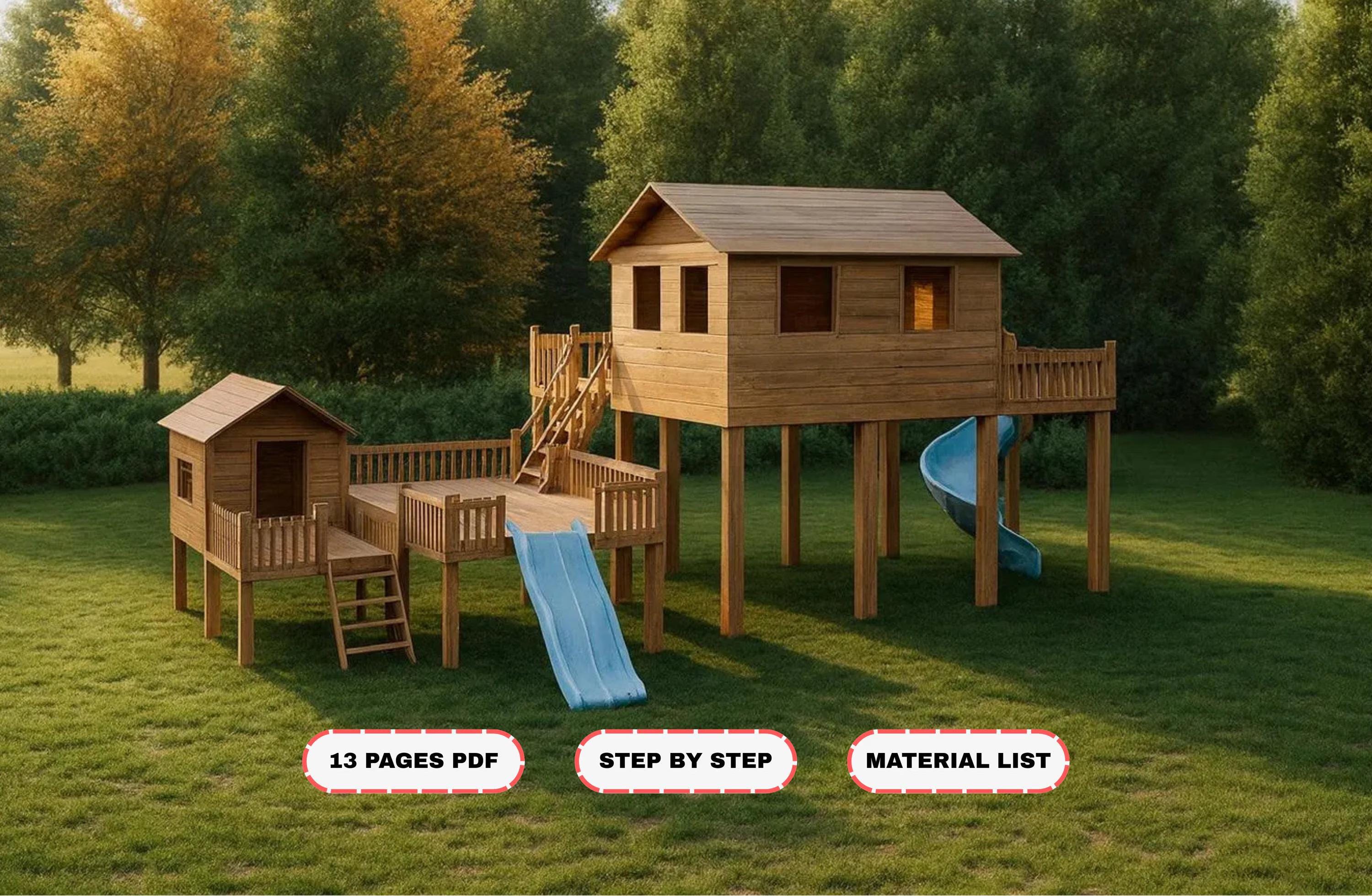 Kids Playhouse Plans with Slide & Deck, DIY Outdoor Wooden Playhouse Blueprint, Backyard Playset Plans PDF, Material List Included
