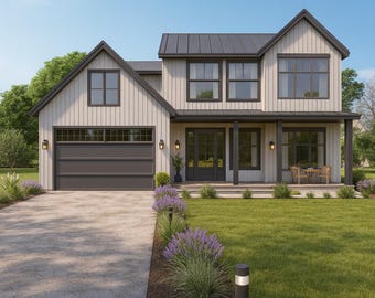 May include: A two-storey house with a light beige exterior, dark grey trim, and a matching garage door. The house has a covered porch with a seating area and is surrounded by a green lawn and landscaping.