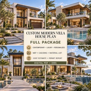 Puede incluir: Un paquete de planos digitales para una villa moderna personalizada, con cuatro vistas exteriores de una casa de varios pisos con grandes ventanales, detalles en piedra y una piscina. El texto dice: CUSTOM MODERN VILLA HOUSE PLAN FULL PACKAGE.
