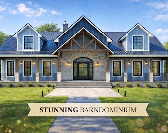 Pode incluir: Uma casa de dois andares com telhado azul e revestimento azul claro. A casa tem janelas com moldura preta, uma fachada de pedra e uma varanda de madeira. O texto "STUNNING BARNDOMINIUM" é exibido em uma faixa em primeiro plano. A casa é cercada por grama verde e árvores.