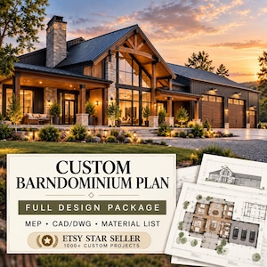 May include: A custom barndominium plan full design package featuring a large modern farmhouse with a black metal roof, stone chimney, and wood siding. The document includes architectural floor plans, MEP, CAD/DWG files, and a material list.
