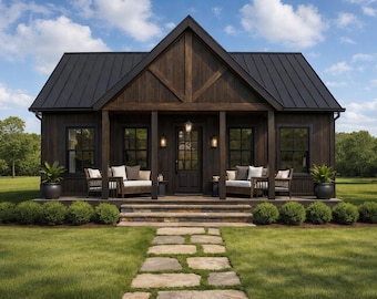 May include: A dark brown, modern farmhouse-style home with a black roof and a stone pathway leading to the front door. The porch features seating and decorative plants, set against a backdrop of a green lawn and blue sky.