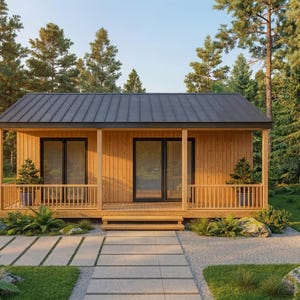 Pode incluir: Uma pequena cabana de madeira com um telhado cinza escuro e portas e janelas com moldura preta. A cabana tem uma varanda com uma grade e é cercada por árvores e vegetação. Um caminho de pedra leva à porta da frente.