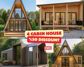 4 Modern Cabin House Plans | A-Frame and Tiny House (PDF & DWG)