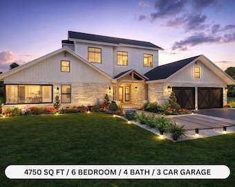 Modern Farmhouse 6 Bedroom House Plan | 2 Story with Garage / FULL CONSTRUCTION Plan Set  (PDF) Material List Included