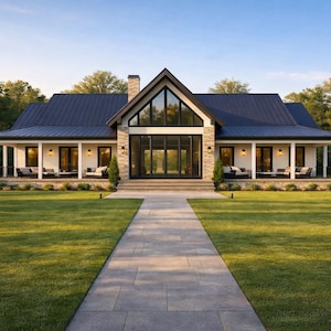 May include: A contemporary house with a dark blue roof and white walls. The entrance features a stone facade and a long paved path. The house is set in a large garden with a green lawn and mature trees.