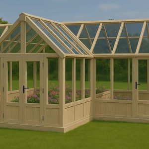 Może przedstawiać: Jasny drewniany szklarnia z szklanymi panelami i spadzistym dachem. Konstrukcja posiada podwójne drzwi i wiele okien, z widocznymi roślinami wewnątrz. Szklarnia stoi na zielonym trawniku.
