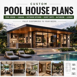 Könnte beinhalten: Individuelle Poolhaus-Pläne mit moderner Struktur, Steinfassade, Holzdecke und Glaswänden. Das Design umfasst Außenküche, Lounge, Gäste-Suite und Badezimmer. Der Text lautet: CUSTOM POOL HOUSE PLANS.