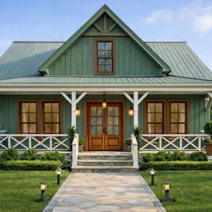 Può includere: Un cottage verde con tetto in metallo, finiture bianche e portico. La porta d'ingresso è in legno e ci sono finestre su entrambi i lati. Un vialetto in pietra conduce all'ingresso e il giardino è ben curato.