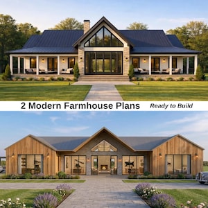 May include: Two architectural renderings of single-story houses with gabled roofs and large windows. The top house features white siding and a dark metal roof. The bottom house has natural wood siding and stone accents. Text reads 2 Modern Farmhouse Plans.