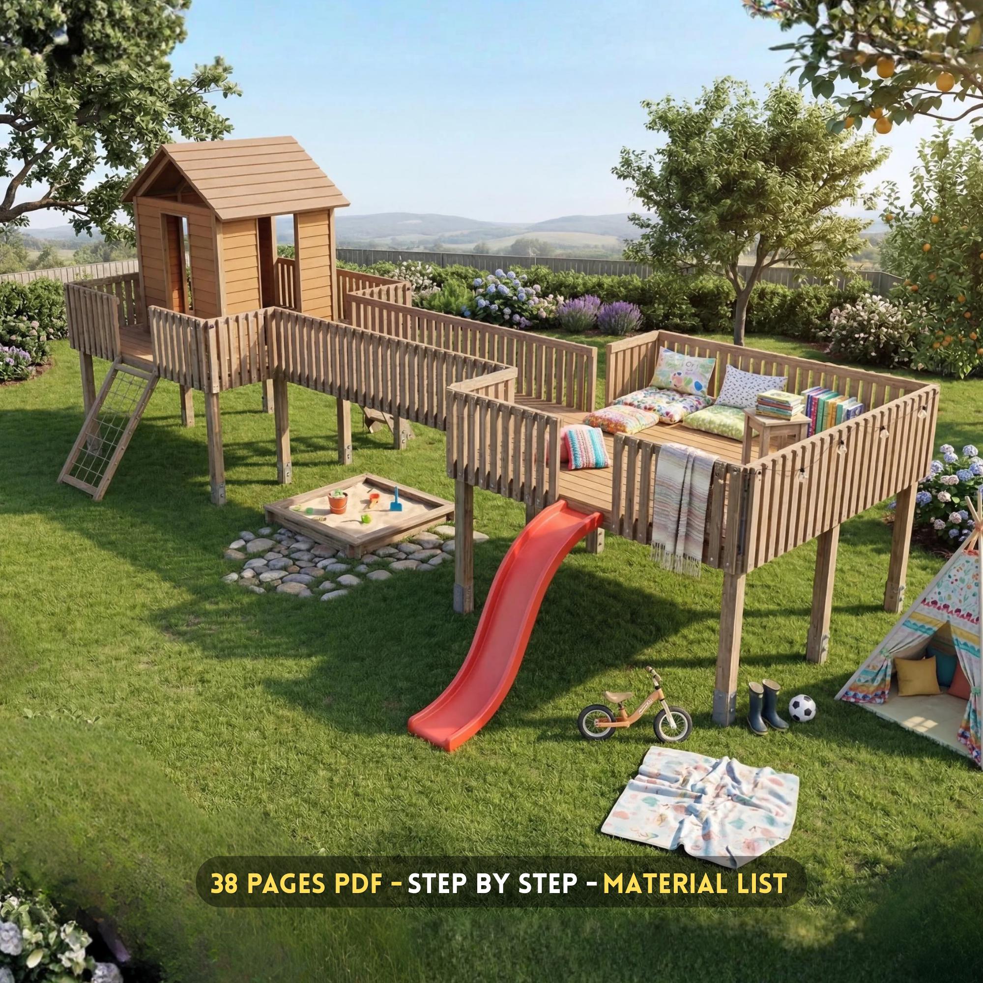 Kids Playhouse Plans with Bridge & Slide DIY Backyard Playground Elevated Wooden Playset PDF Outdoor Playhouse Plan 2 Tower Design