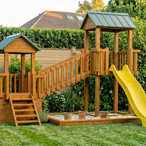 Projeto em PDF para Playground Infantil Externo | Construa uma casinha de brincar com duas torres, ponte e escorregador no quintal | Guia completo de construção "faça você mesmo" com 37 páginas