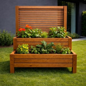 Peut inclure: Un bac à plantes en bois à deux niveaux rempli de diverses plantes vertes et de fleurs colorées. Le bac a un dos en bois à lattes et est posé sur une pelouse herbeuse. Le bois a une finition chaude et naturelle.