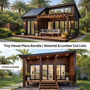 May include: Two images of modern tiny houses with dark wood cladding and black roofs. The top image shows a house with a deck, pergola, and fairy lights. The bottom image shows a single-storey house with a covered porch. Text reads: "Tiny House Plans Bundle / Material & Lumber Cut Lists" and "2 Plans Included."