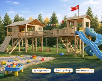 May include: A wooden playset with two elevated structures connected by a bridge, featuring a blue slide, swings, and a climbing wall. A sandbox with toys is in the foreground. The playset has a red flag on top. Text on the image says "16 Pages PDF", "Step by Step", and "Free Material List".