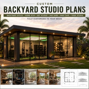 May include: A modern backyard studio structure with large glass sliding doors, dark exterior paneling, and interior lighting. The text reads: CUSTOM BACKYARD STUDIO PLANS, BACKYARD OFFICE, HOME GYM, ART STUDIO, SHE SHED, MAN CAVE, YOGA STUDIO.