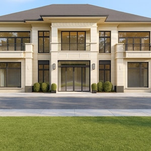 Peut inclure: Une maison beige à deux étages avec un toit gris foncé et des encadrements de fenêtres noirs. La maison possède plusieurs balcons et de grandes fenêtres. La cour avant comprend de l'herbe verte et une allée pavée. L'aménagement paysager comprend de petits buissons verts.