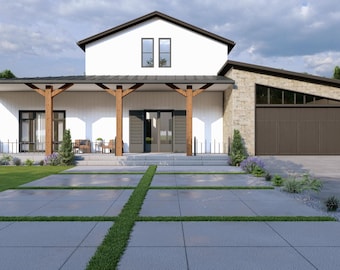May include: A modern two-story house with a white exterior, a dark roof, and a stone-clad garage. The house features a covered porch with wooden beams and a concrete driveway with grass accents. Landscaping includes small trees and bushes.