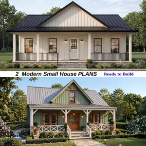 Könnte beinhalten: Zwei architektonische Entwürfe kleiner Häuser. Das obere Haus ist weiß mit einem schwarzen Metalldach und einer Veranda. Das untere Haus ist grün mit einem grauen Metalldach und einer Veranda. Text: 2 Modern Small House PLANS Ready to Build.