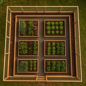 May include: Overhead view of a raised garden bed with six rectangular plots. Each plot contains different types of green plants. The garden is enclosed by a wooden frame and a fence.