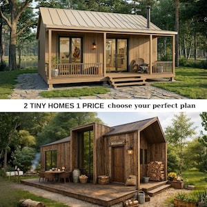 May include: Two tiny homes are shown. The top home has a light brown exterior, a beige roof, and a porch. The bottom home has a dark brown exterior, a dark brown roof, and a deck. The text reads "2 TINY HOMES 1 PRICE choose your perfect plan."
