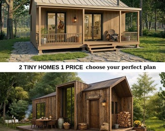 May include: Two tiny homes are shown in this image. The top home has a light brown exterior with a beige roof and a porch. The bottom home has a dark brown exterior with a dark brown roof and a deck. The text reads "2 TINY HOMES 1 PRICE choose your perfect plan."