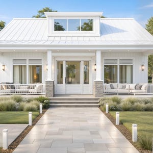 Op de afbeelding: Een wit, modern huis met een metalen dak, veranda en grote ramen. Het huis heeft een stenen en witte kolomvormige entree, een geplaveide oprit en is omgeven door groen gras en bomen. Buitenverlichting is zichtbaar.