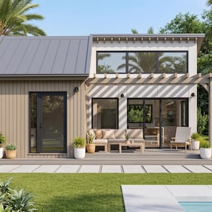 May include: A modern two-story house with light brown vertical siding, a gray metal roof, and large black-framed windows. A wooden pergola extends over a patio featuring a beige sectional sofa, a small coffee table, and a single outdoor chair.