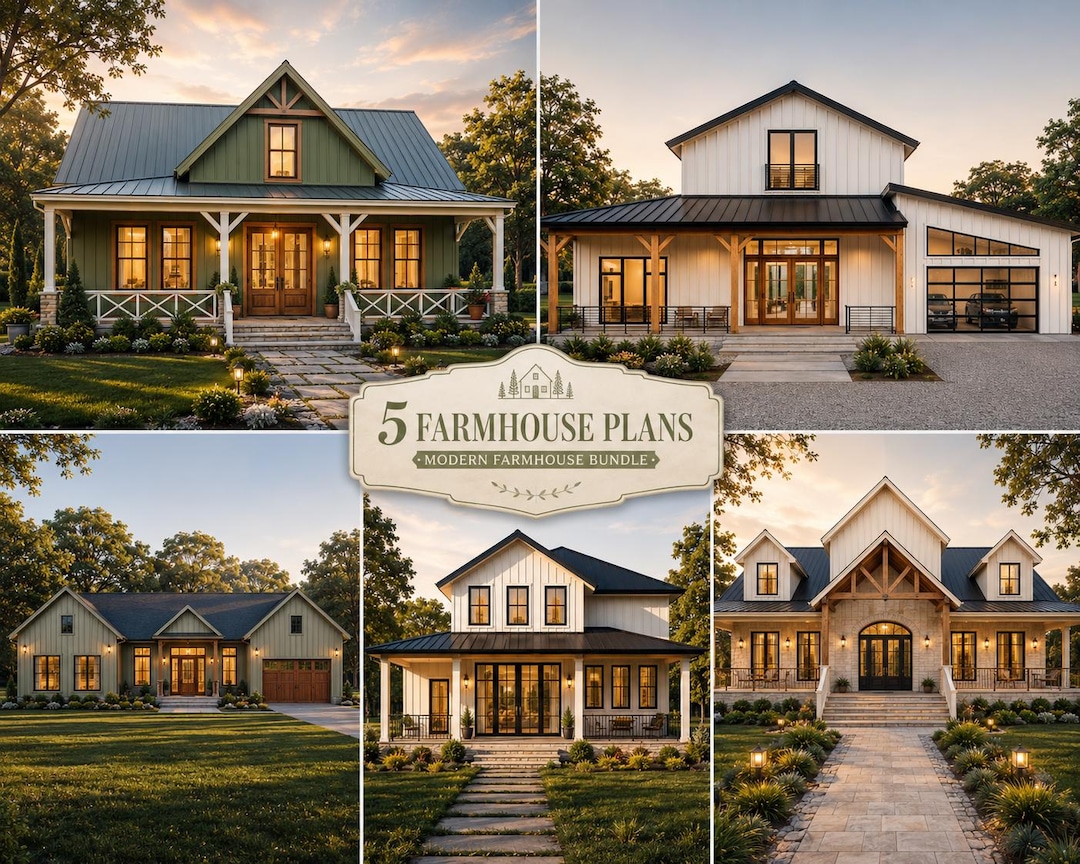 5 Farmhouse House Plans Bundle | Modern Farmhouse Floor Plans PDF | 3-4 ...
